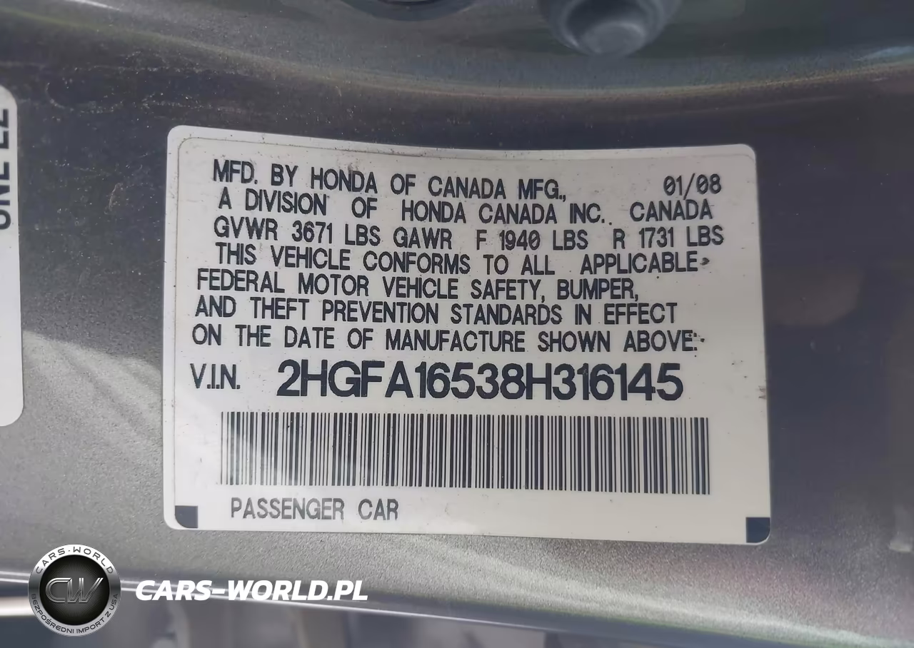 2008 Honda Civic Lx VIN:2HGFA16538H316145 - 9