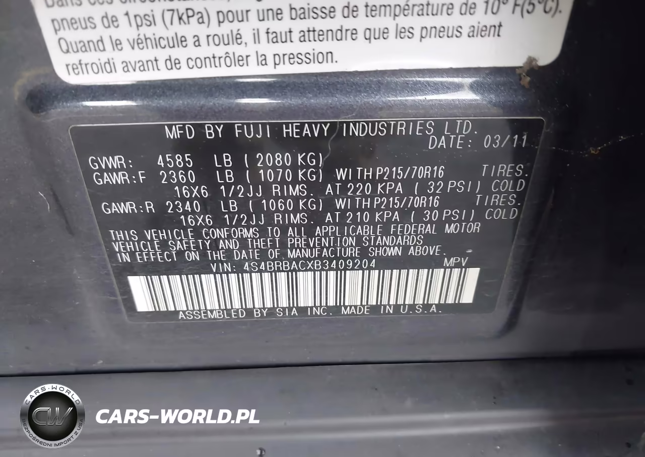 2011 Subaru Outback 2.5I VIN:4S4BRBACXB3409204 - 9