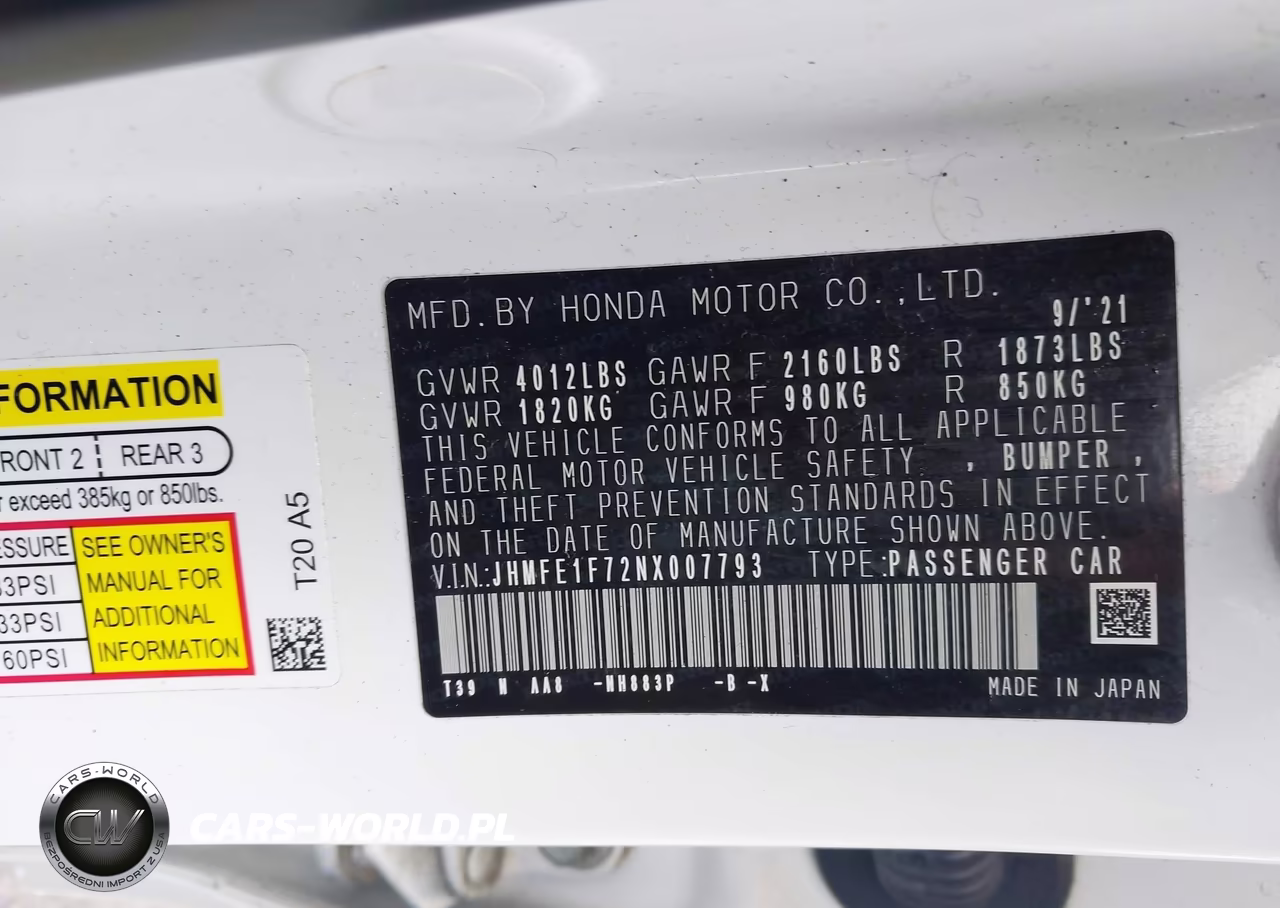 2022 Honda Civic Ex VIN:JHMFE1F72NX007793 - 9