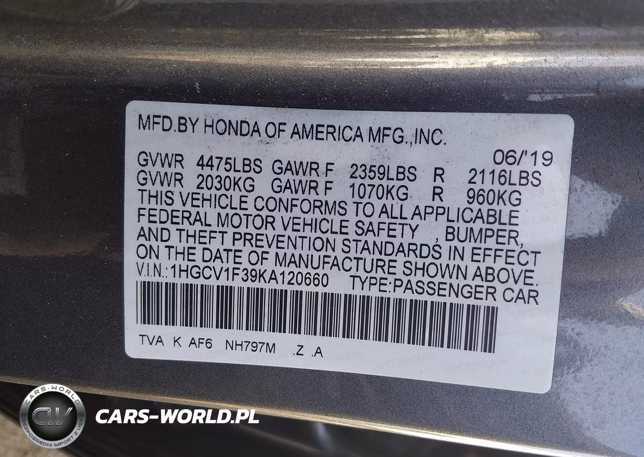 2019 Honda Accord Sport VIN:1HGCV1F39KA120660 - 9