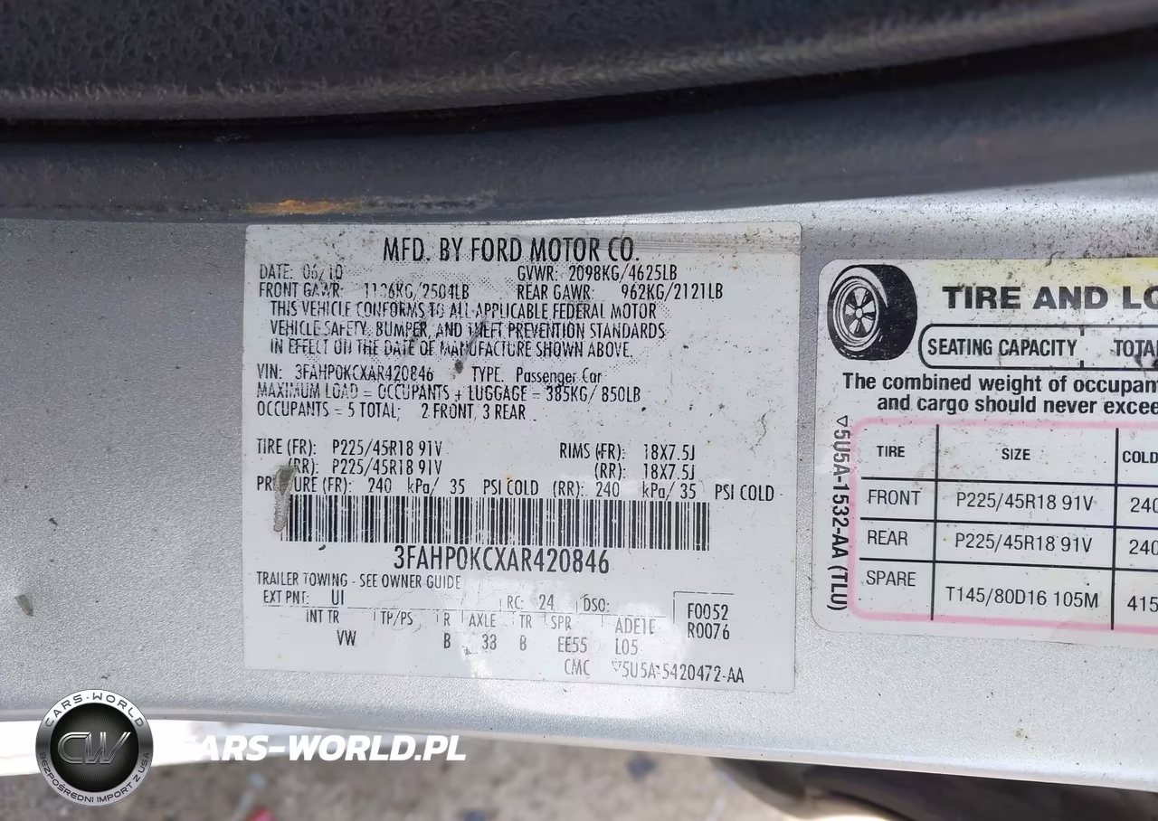 2010 Ford Fusion Sport VIN:3FAHP0KCXAR420846 - 9