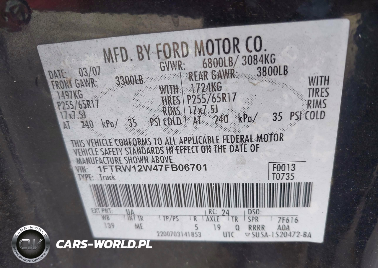 2007 Ford F-150 Xlt VIN:1FTRW12W47FB06701 - 9
