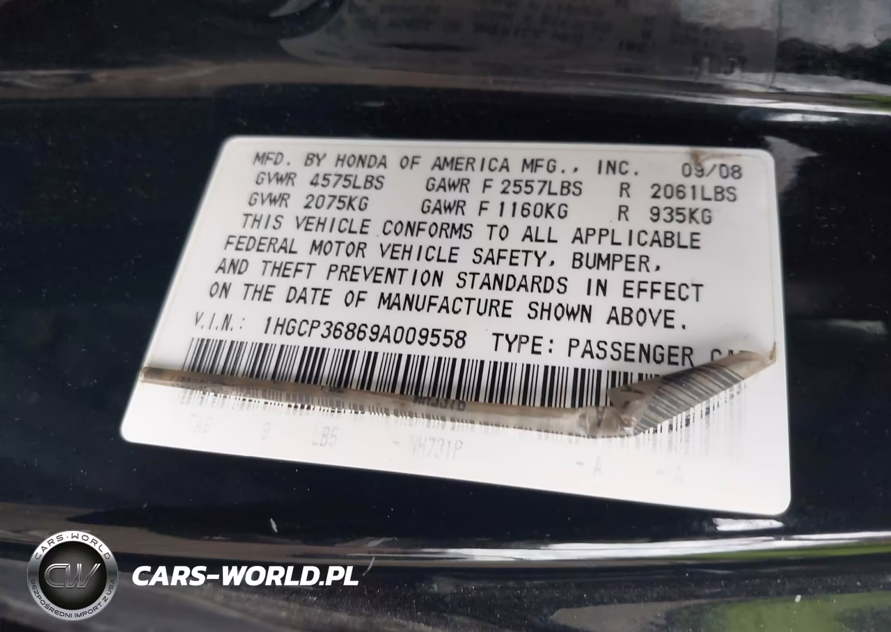 2009 Honda Accord Exl VIN:1HGCP36869A009558 - 9
