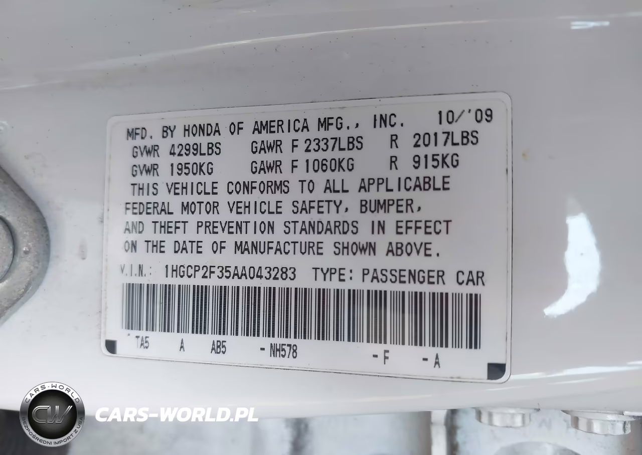 2010 Honda Accord 2.4 Lx VIN:1HGCP2F35AA043283 - 9