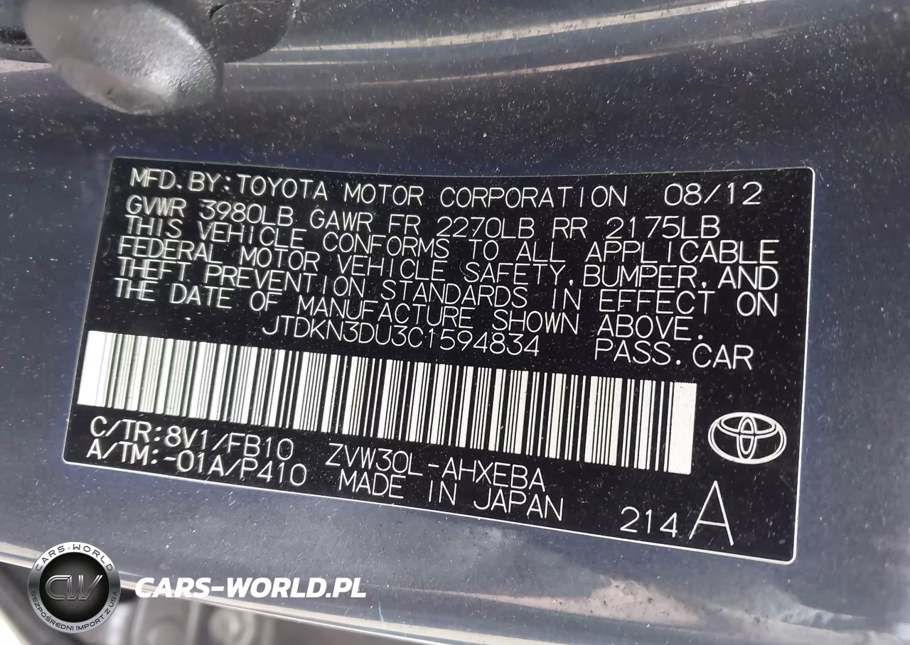 2012 Toyota Prius Two VIN:JTDKN3DU3C1594834 - 9