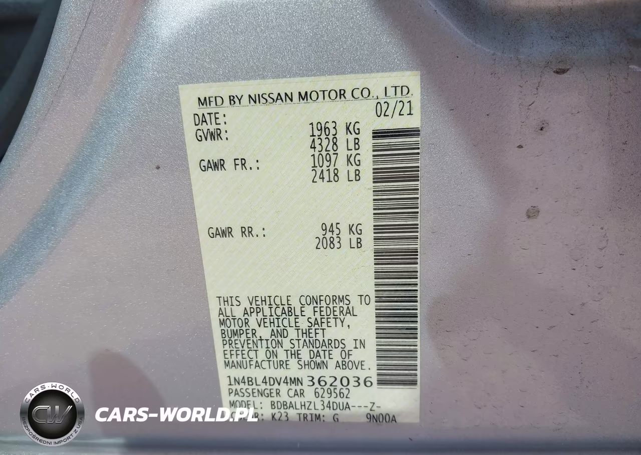 2021 Nissan Altima Sv Fwd VIN:1N4BL4DV4MN362036 - 9