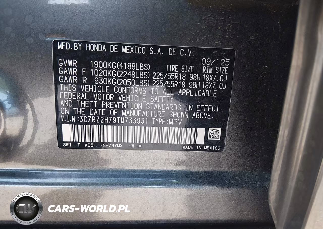 2026 Honda Hr-V Awd Ex-L VIN:3CZRZ2H79TM733931 - 9