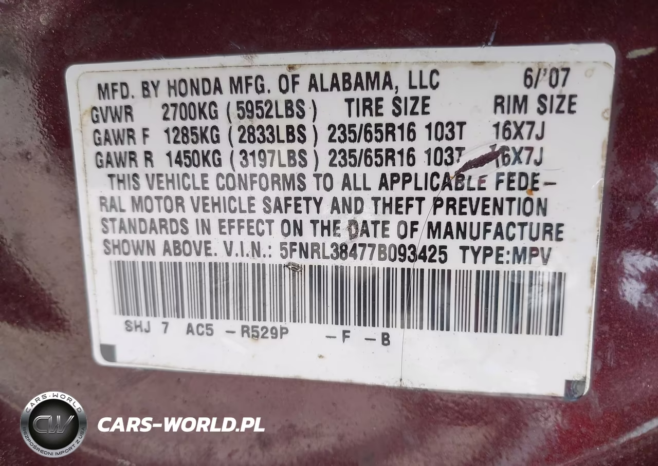 2007 Honda Odyssey Ex VIN:5FNRL38477B093425 - 9