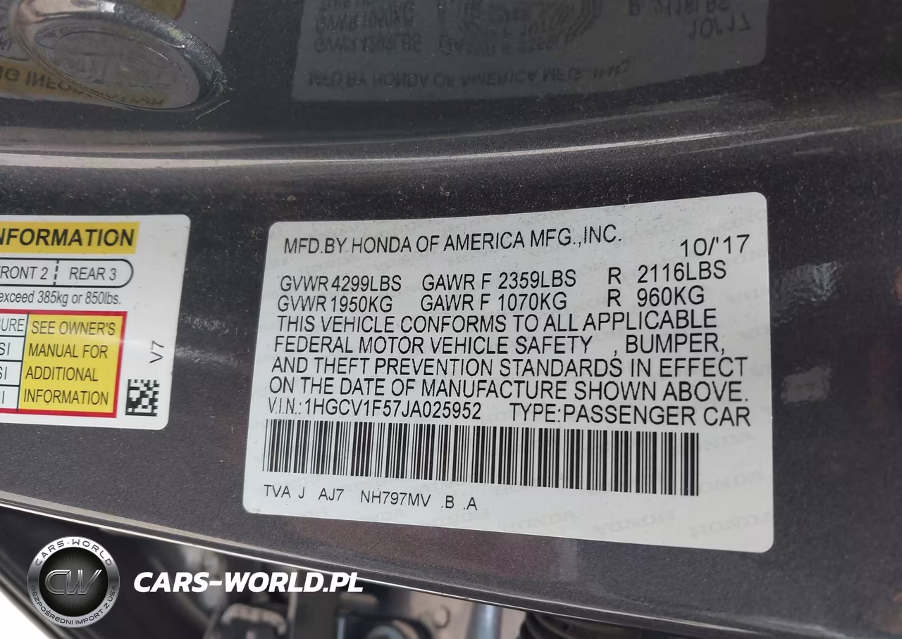 2018 Honda Accord Ex-L VIN:1HGCV1F57JA025952 - 9