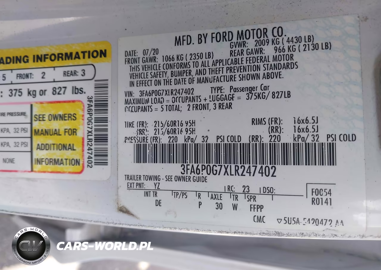 2020 Ford Fusion S VIN:3FA6P0G7XLR247402 - 9