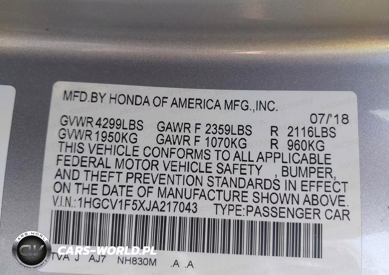 2018 Honda Accord Ex-L VIN:1HGCV1F5XJA217043 - 9