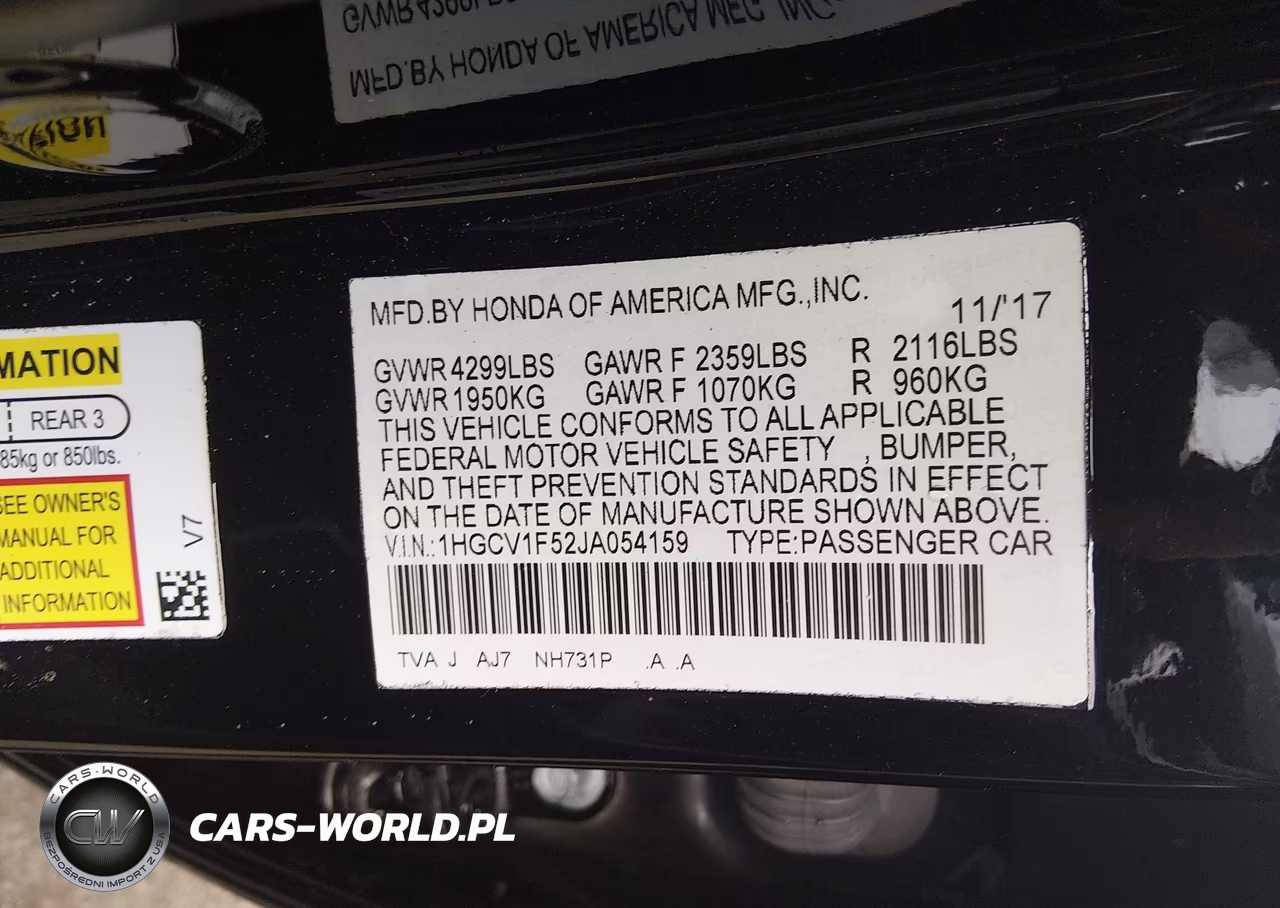 2018 Honda Accord Ex-L VIN:1HGCV1F52JA054159 - 9