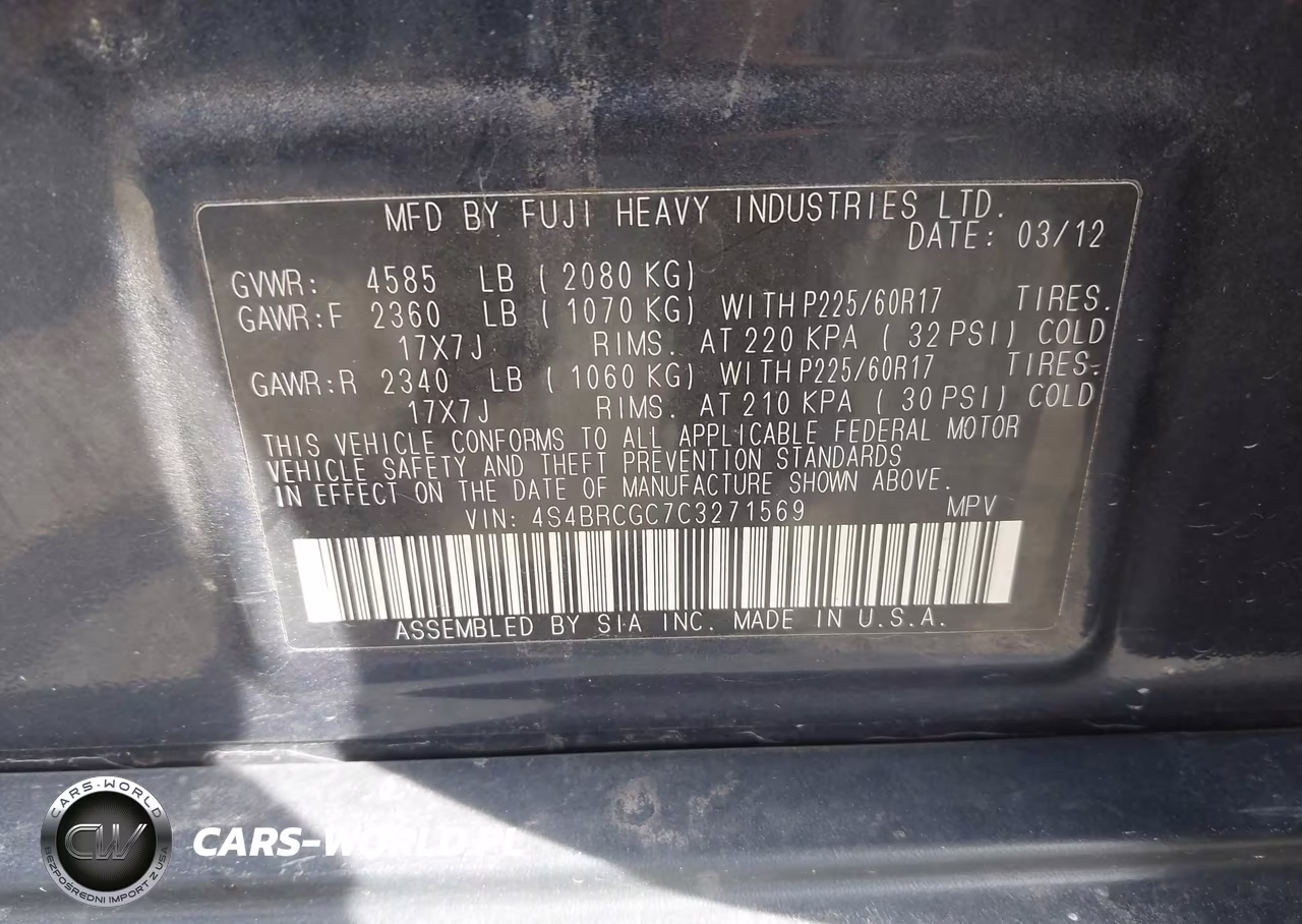 2012 Subaru Outback 2.5I Premium VIN:4S4BRCGC7C3271569 - 9