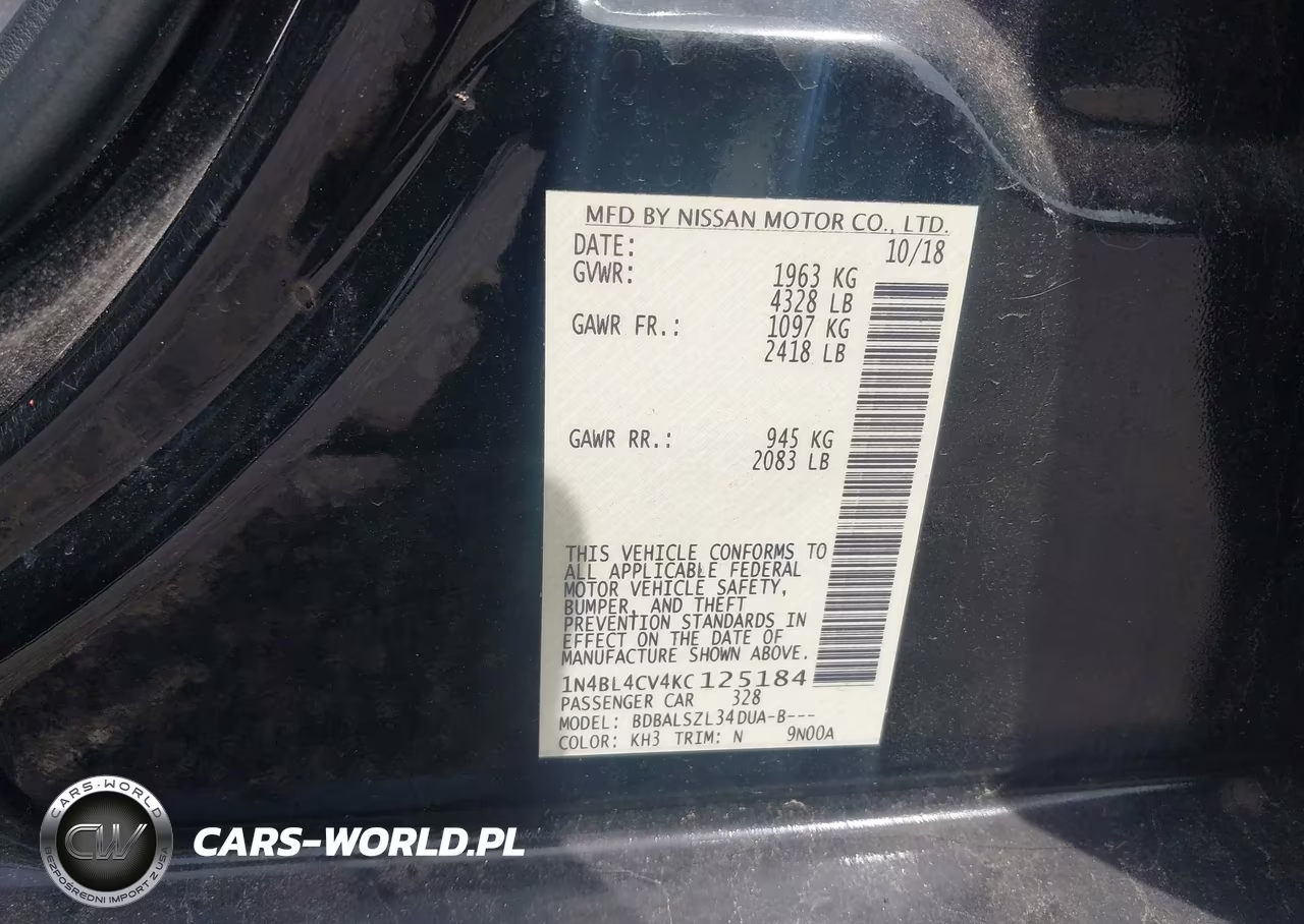 2019 Nissan Altima 2.5 Sr VIN:1N4BL4CV4KC125184 - 9