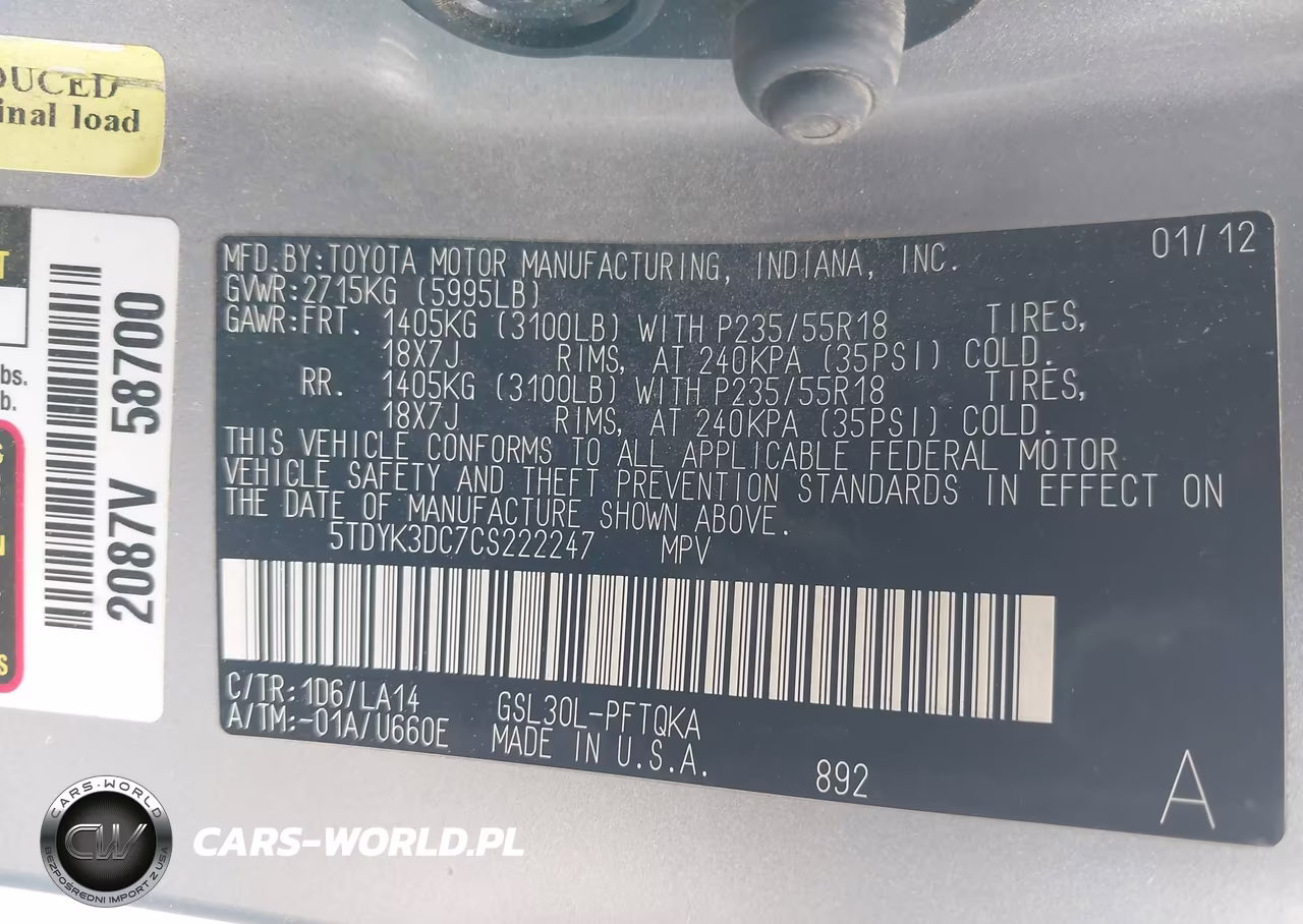 2012 Toyota Sienna Limited V6 7 Passenger VIN:5TDYK3DC7CS222247 - 9