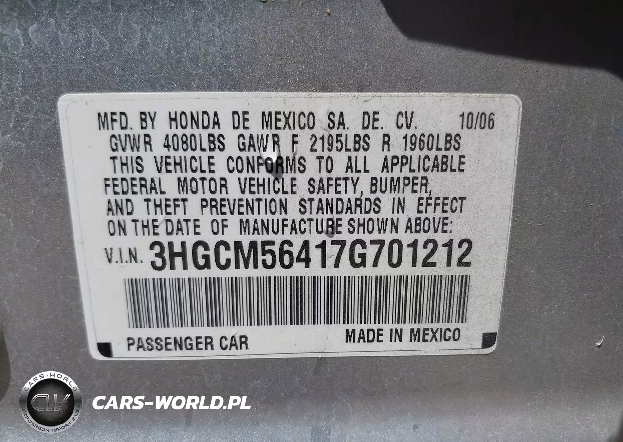 2007 Honda Accord 2.4 Lx VIN:3HGCM56417G701212 - 9