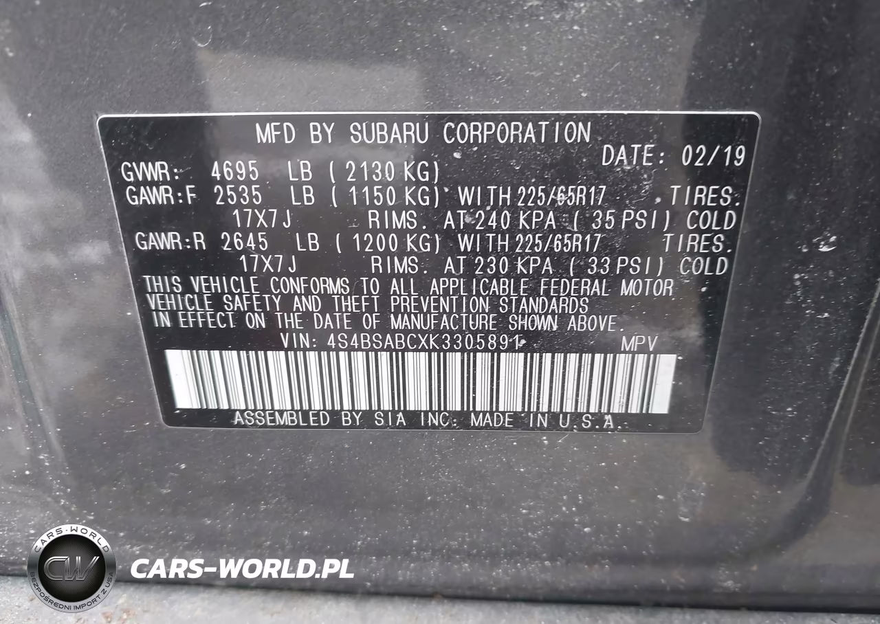 2019 Subaru Outback 2.5I VIN:4S4BSABCXK3305891 - 9