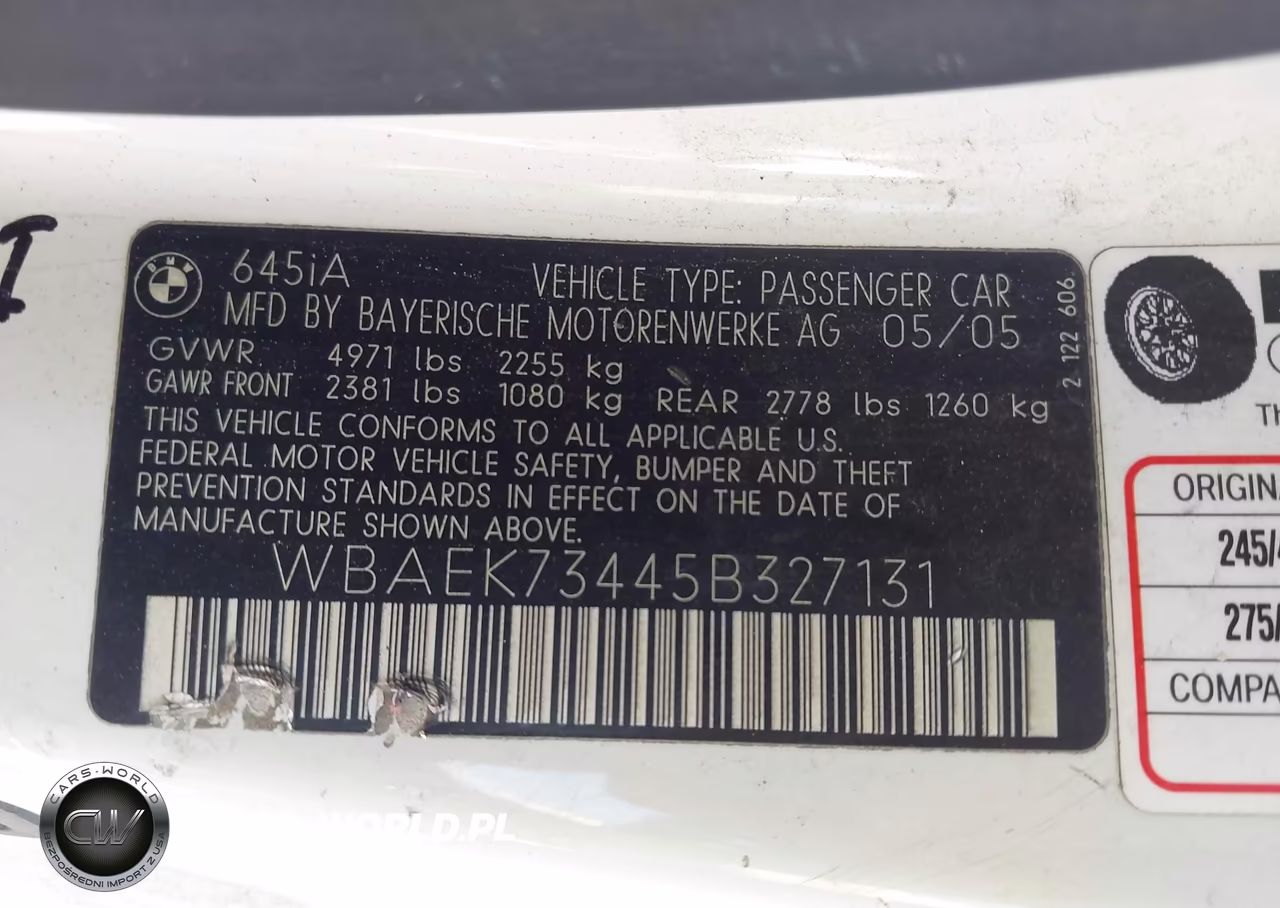 2005 BMW 645Ci VIN:WBAEK73445B327131 - 9