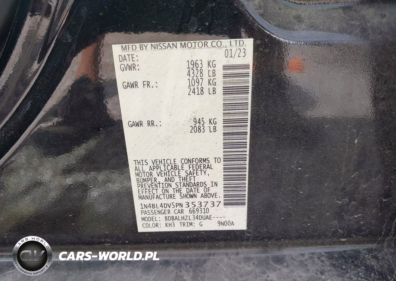 2023 Nissan Altima Sv Fwd VIN:1N4BL4DV5PN353737 - 9