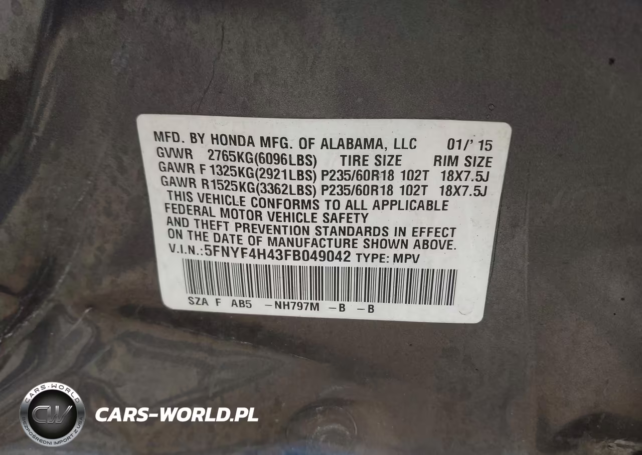 2015 Honda Pilot Ex VIN:5FNYF4H43FB049042 - 9