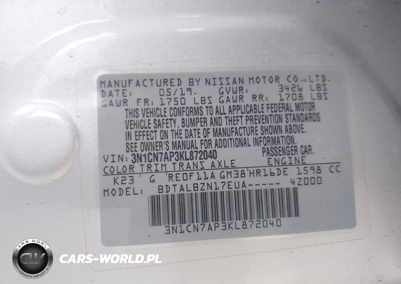 2019 Nissan Versa 1.6 Sv VIN:3N1CN7AP3KL872040 - 9