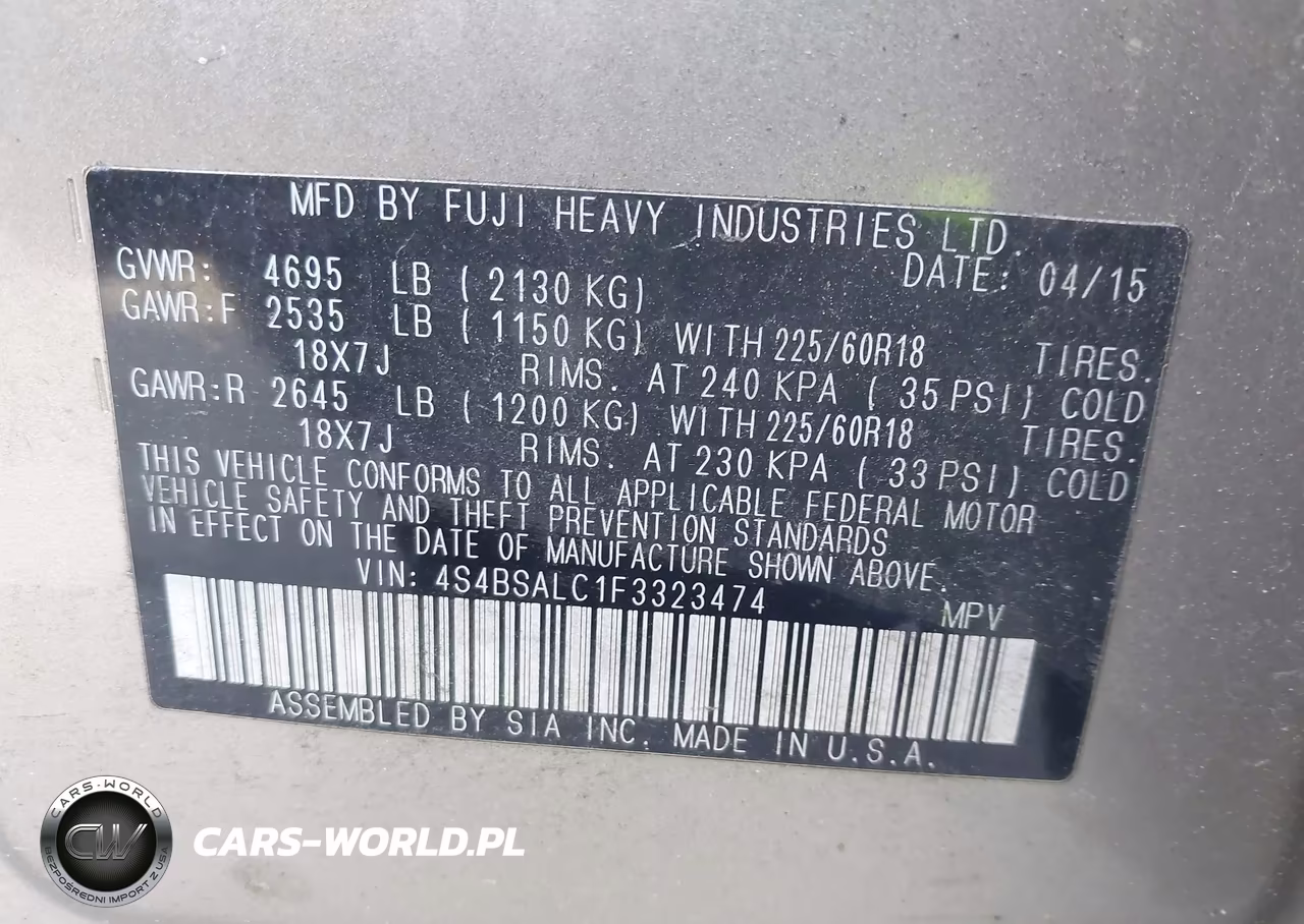 2015 Subaru Outback 2.5I Limited VIN:4S4BSALC1F3323474 - 9