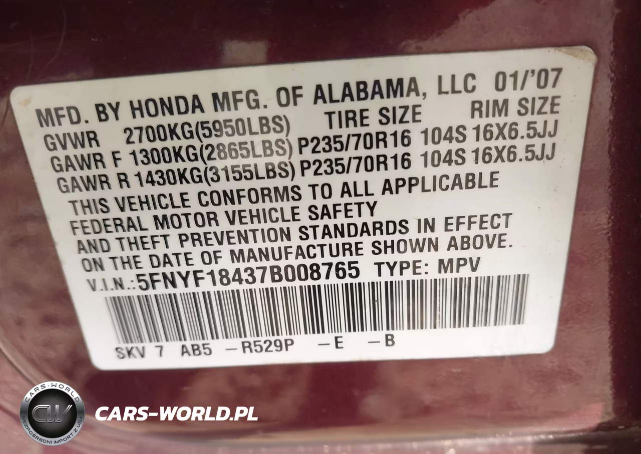 2007 Honda Pilot Ex VIN:5FNYF18437B008765 - 9