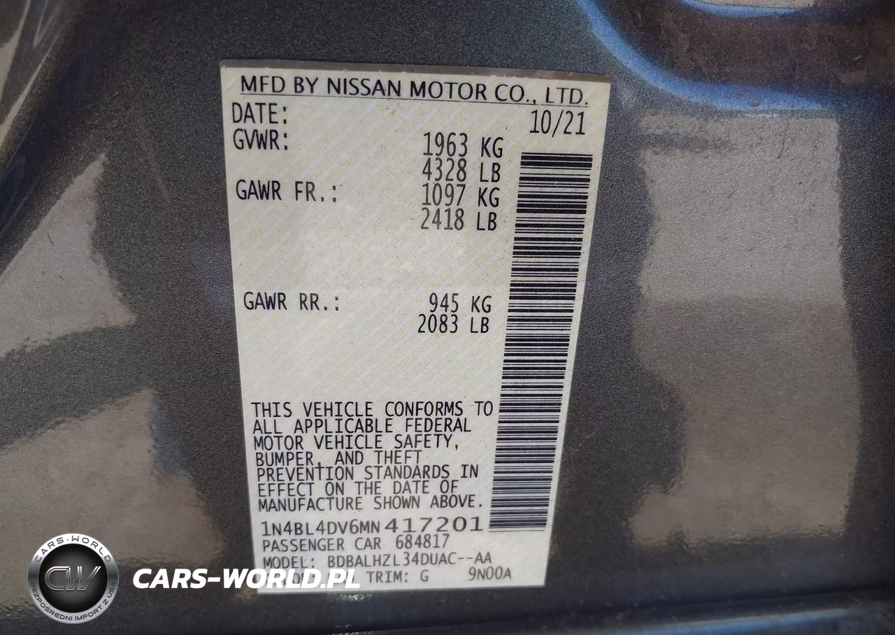 2021 Nissan Altima Sv Fwd VIN:1N4BL4DV6MN417201 - 9