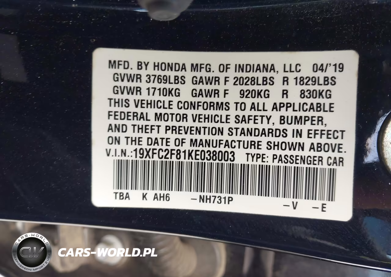 2019 Honda Civic Sport VIN:19XFC2F81KE038003 - 9