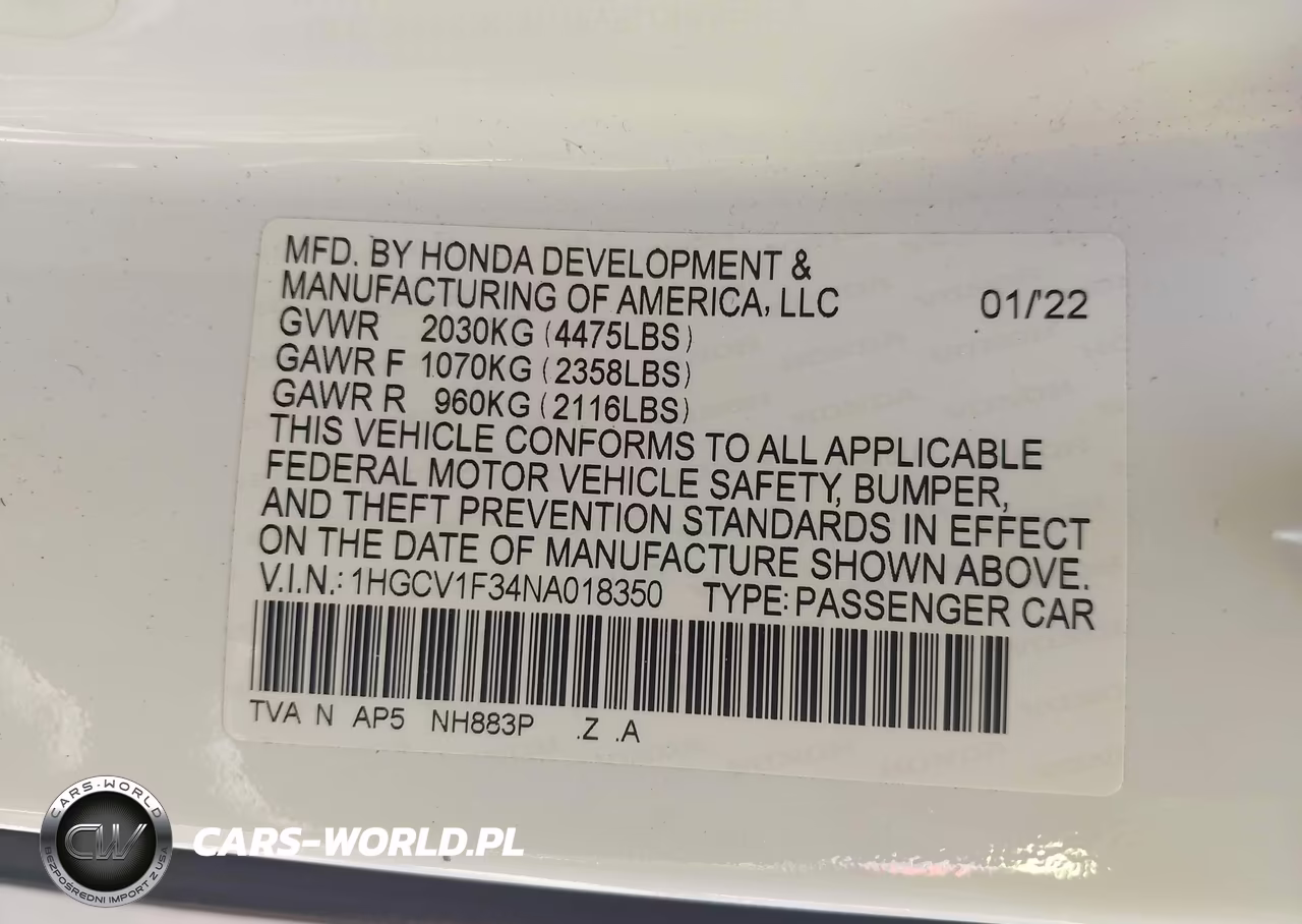2022 Honda Accord Sport VIN:1HGCV1F34NA018350 - 9