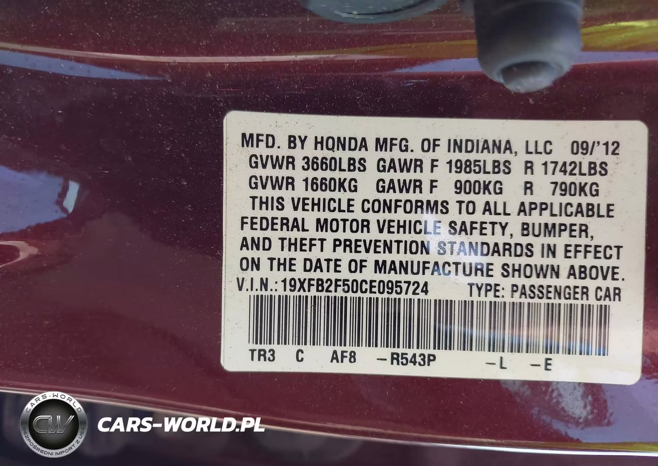 2012 Honda Civic Lx VIN:19XFB2F50CE095724 - 9