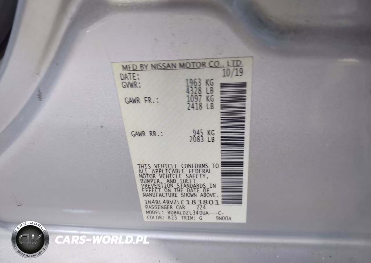 2020 Nissan Altima S Fwd VIN:1N4BL4BV2LC183801 - 9