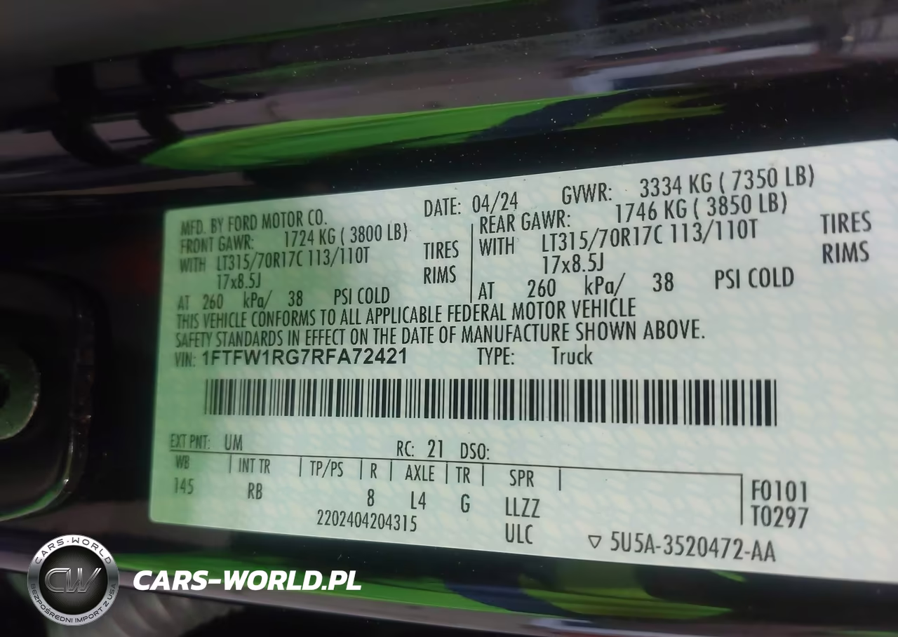 2024 Ford F-150 Raptor VIN:1FTFW1RG7RFA72421 - 9