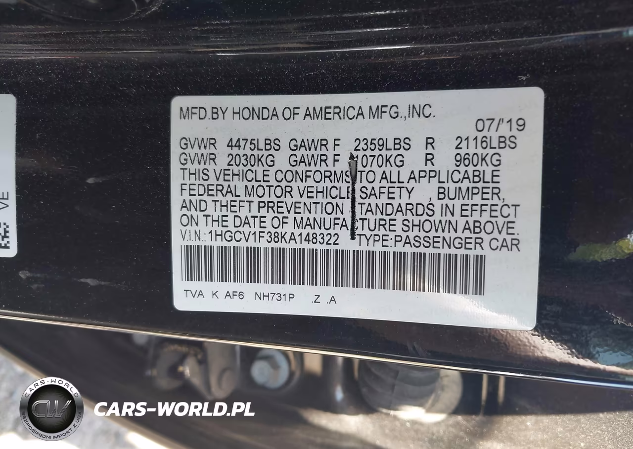 2019 Honda Accord Sport VIN:1HGCV1F38KA148322 - 9