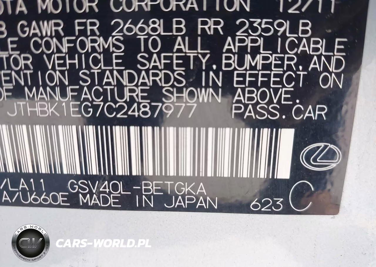 2012 Lexus Es 350 VIN:JTHBK1EG7C2487977 - 9