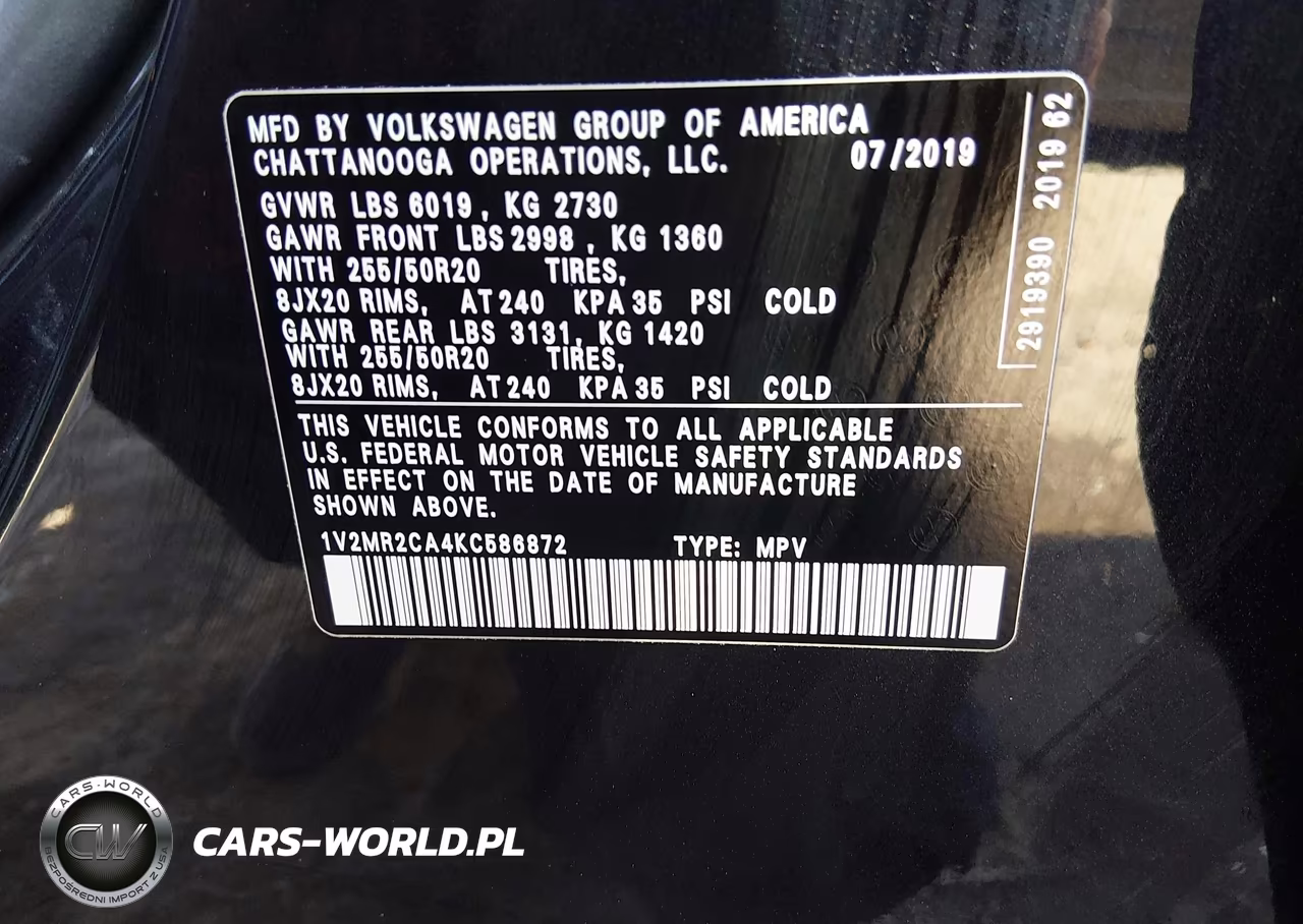 2019 Volkswagen Atlas 3.6L V6 Sel VIN:1V2MR2CA4KC586872 - 9