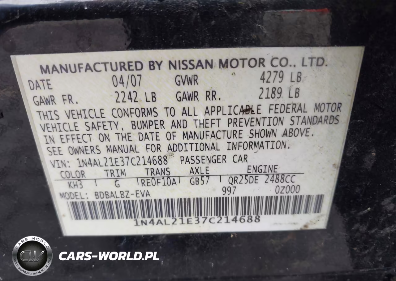 2007 Nissan Altima 2.5 S VIN:1N4AL21E37C214688 - 9