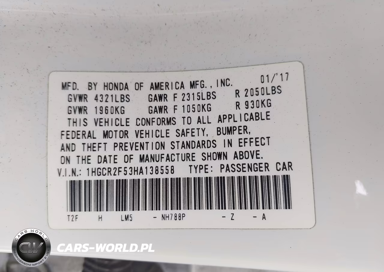 2017 Honda Accord Sport VIN:1HGCR2F53HA138558 - 9