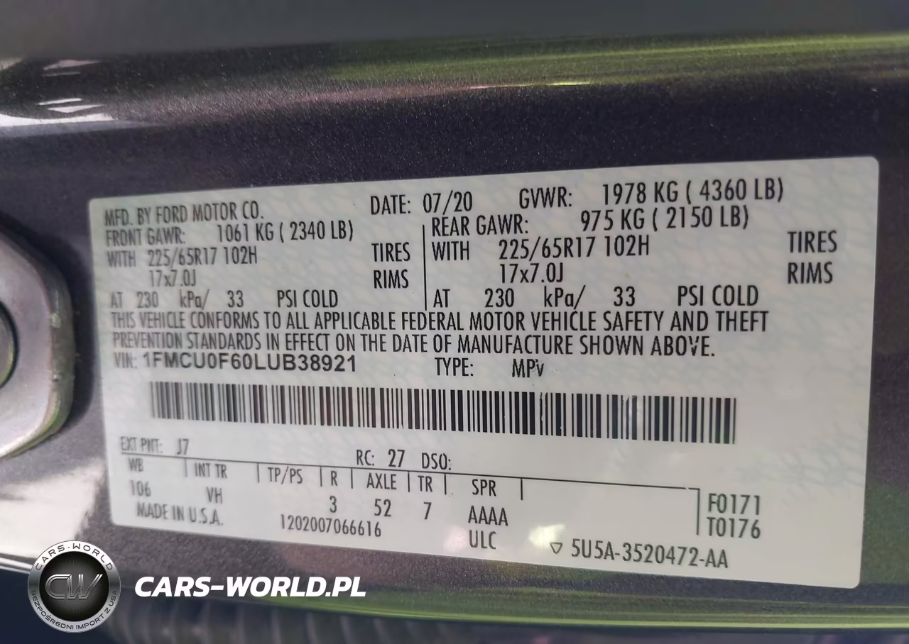 2020 Ford Escape S VIN:1FMCU0F60LUB38921 - 9