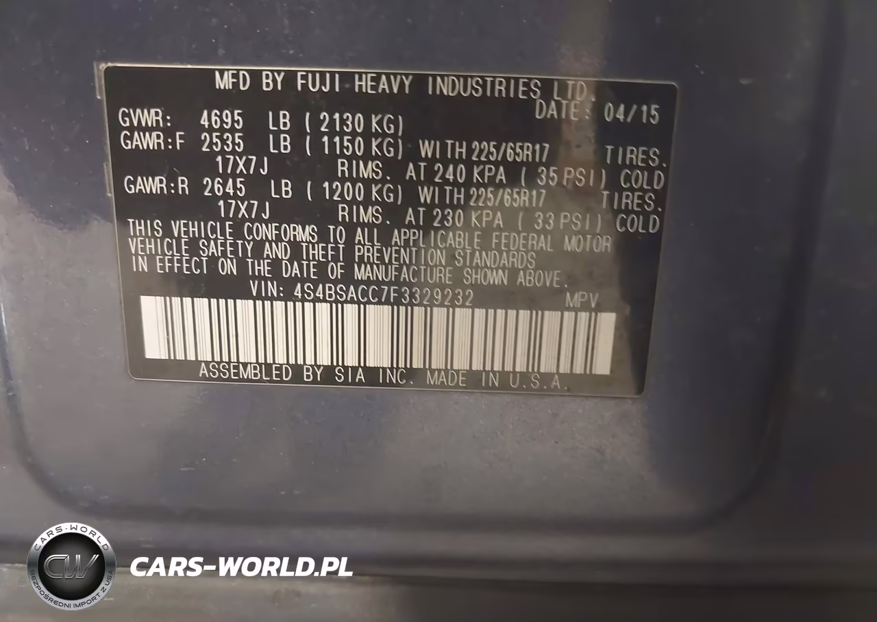 2015 Subaru Outback 2.5I Premium VIN:4S4BSACC7F3329232 - 9