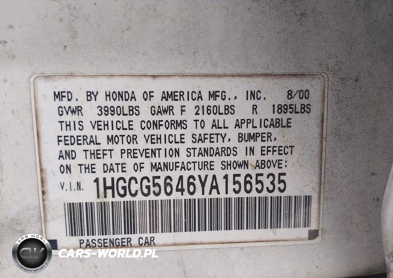 2000 Honda Accord 2.3 Lx VIN:1HGCG5646YA156535 - 9