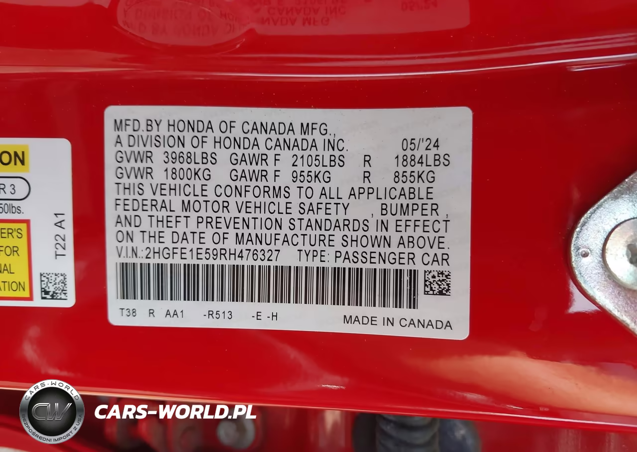 2024 Honda Civic Si Sedan VIN:2HGFE1E59RH476327 - 9