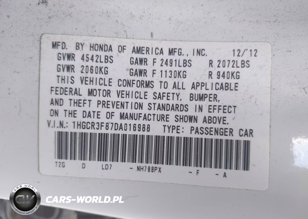 2013 Honda Accord Ex-L V-6 VIN:1HGCR3F87DA016988 - 9