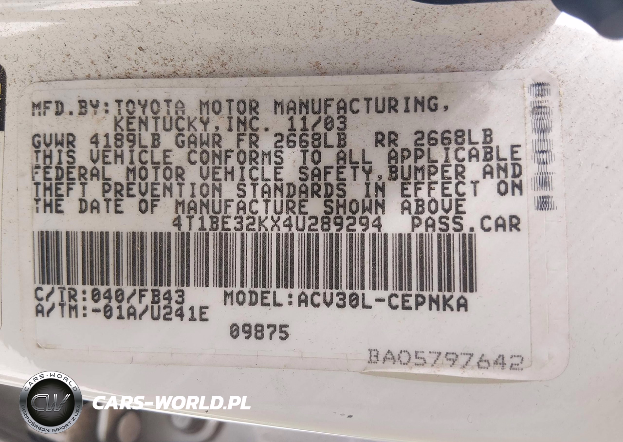 2004 Toyota Camry Le VIN:4T1BE32KX4U289294 - 9