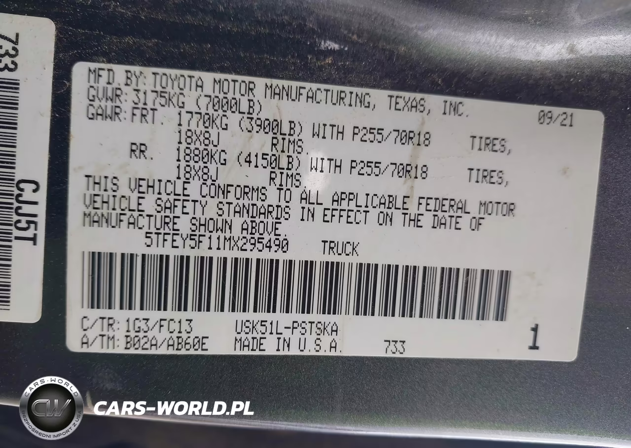 2021 Toyota Tundra Sr5 VIN:5TFEY5F11MX295490 - 9