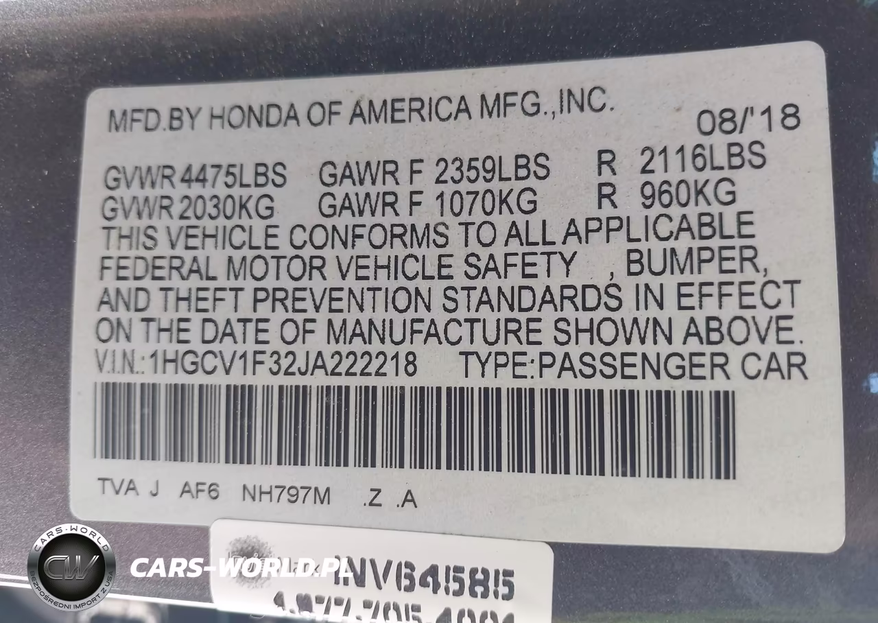 2018 Honda Accord Sport VIN:1HGCV1F32JA222218 - 9