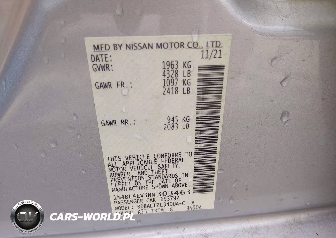 2022 Nissan Altima Sl Fwd VIN:1N4BL4EV3NN303463 - 9