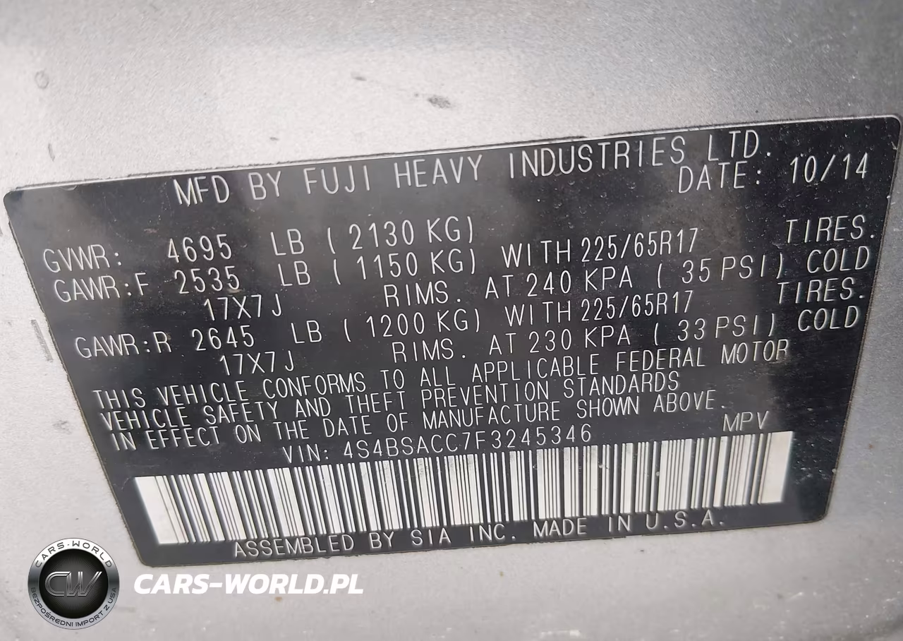 2015 Subaru Outback 2.5I Premium VIN:4S4BSACC7F3245346 - 9