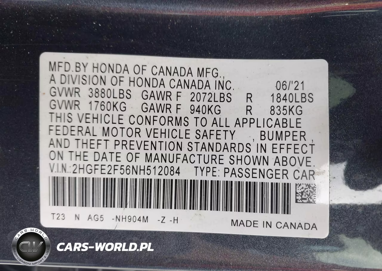 2022 Honda Civic Sport VIN:2HGFE2F56NH512084 - 9