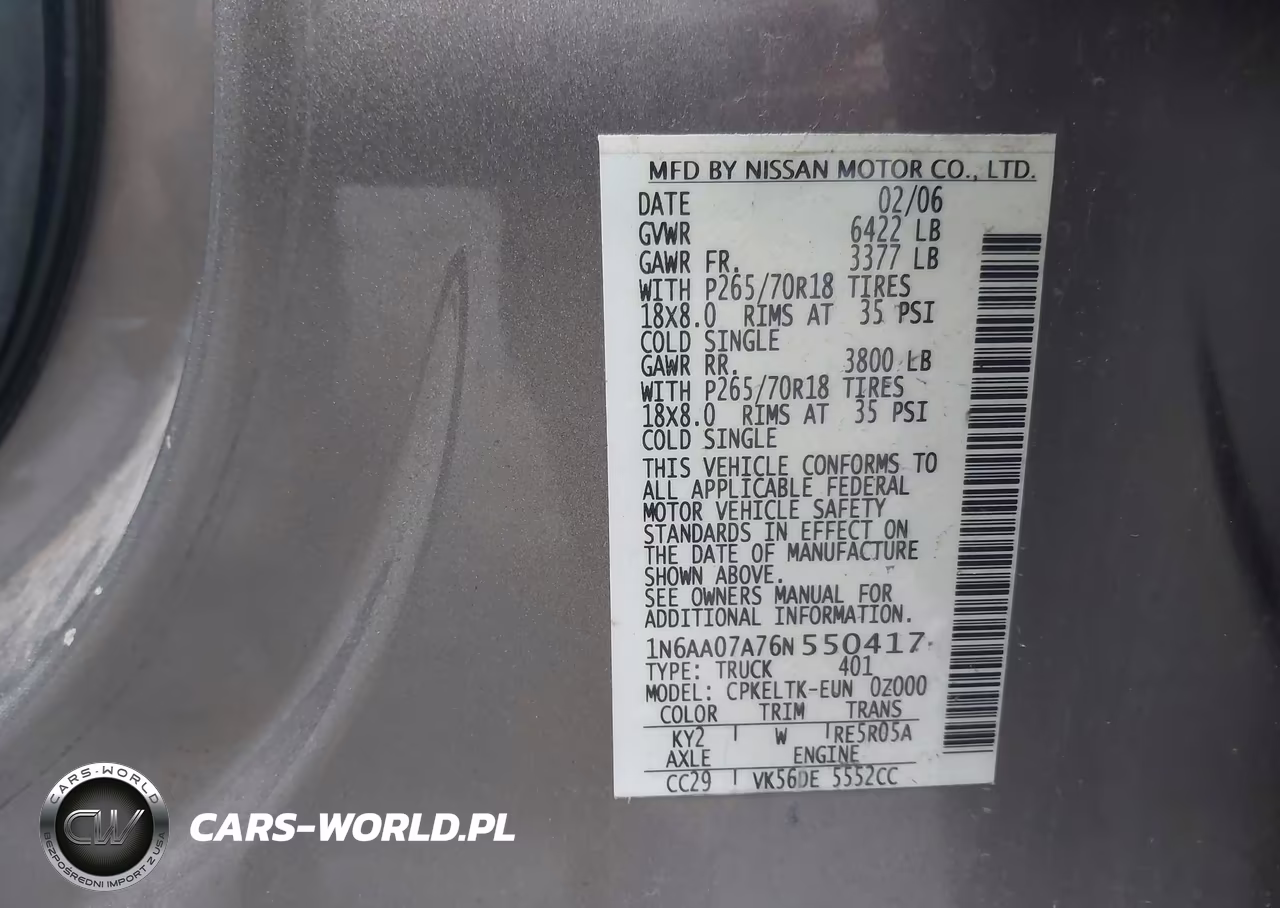 2006 Nissan Titan Se VIN:1N6AA07A76N550417 - 9